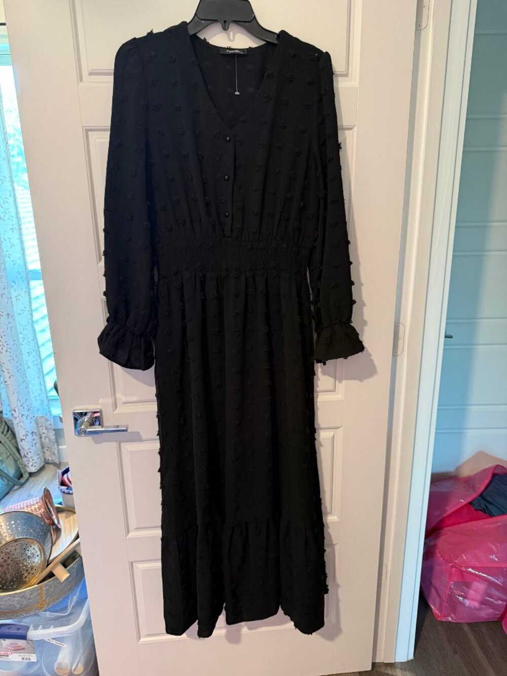 Fashion Black Long Sleeve Midi Dress M
